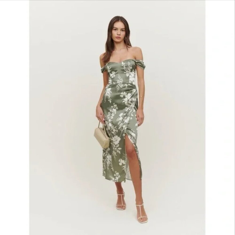 Reformation midi silk dress - sage green and white floral - size 4
